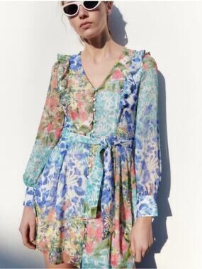 NWT Zara Floral Long-Sleeve Floral Tie-Waist Mini Dress Size S
